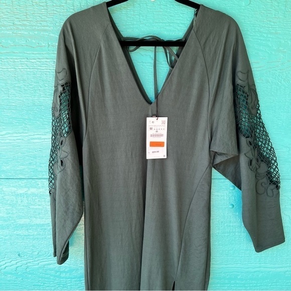 ZARA OPEN CROCHET LACE LONG SLEEVE MAXI DRESS FOREST GREEN MEDIUM NWT - Picture 8 of 16